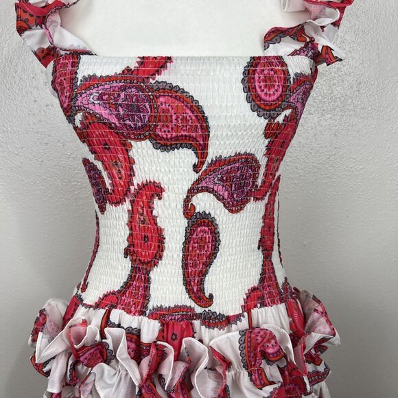 Taroo Dress Women Medium White Red Ruffled Smocked Fit Flare Mini Casual Party - Picture 8 of 12